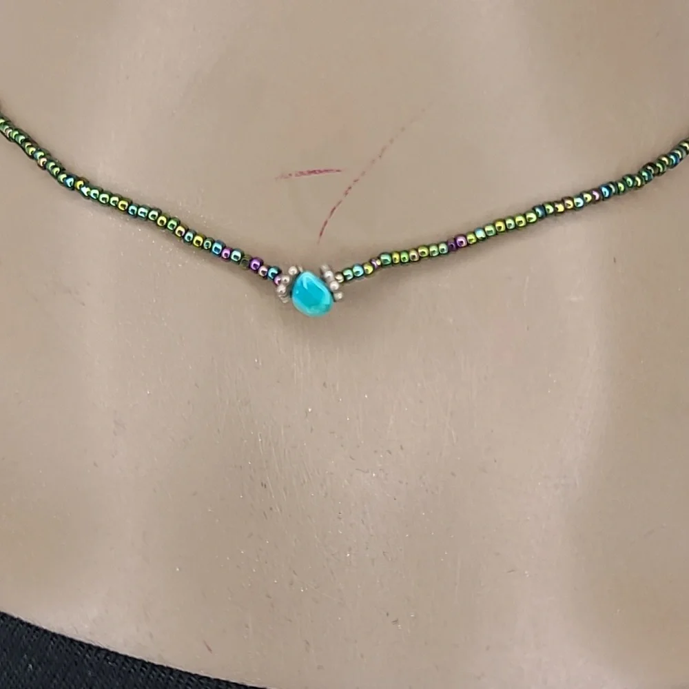 Choker Necklace Seed Beads Turquoise Chip Delicate Layering Piece Unique Jewelry - Picture 3 of 4
